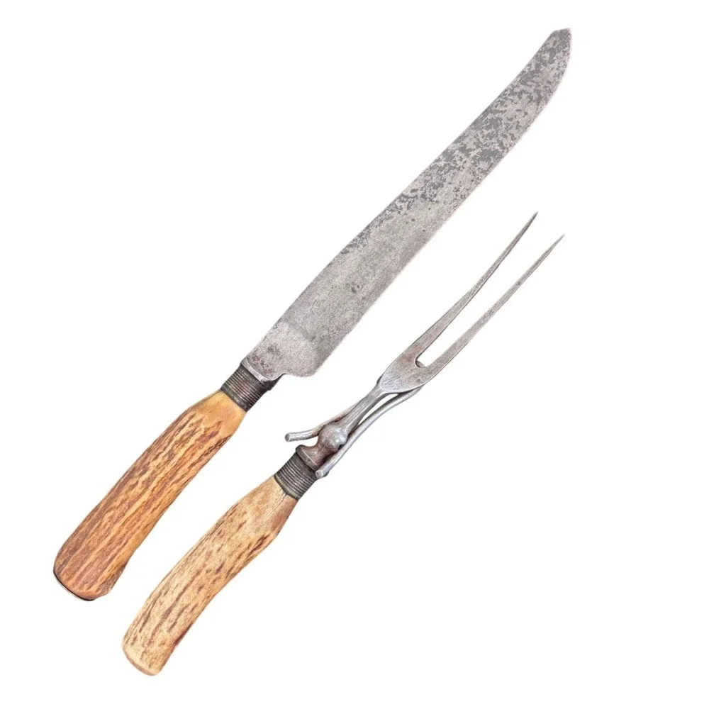 Antique Geo Wostenholm & Sons I*XL‎ Stag Horn Carving Set Sheffield England 2pc